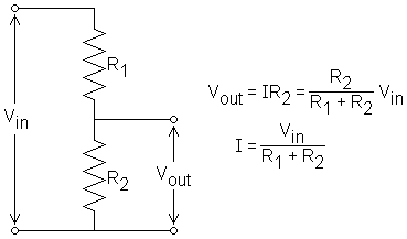 Vout = IR2 = Vin(R2/(R1+R2)); I = Vin/(R1+R2)